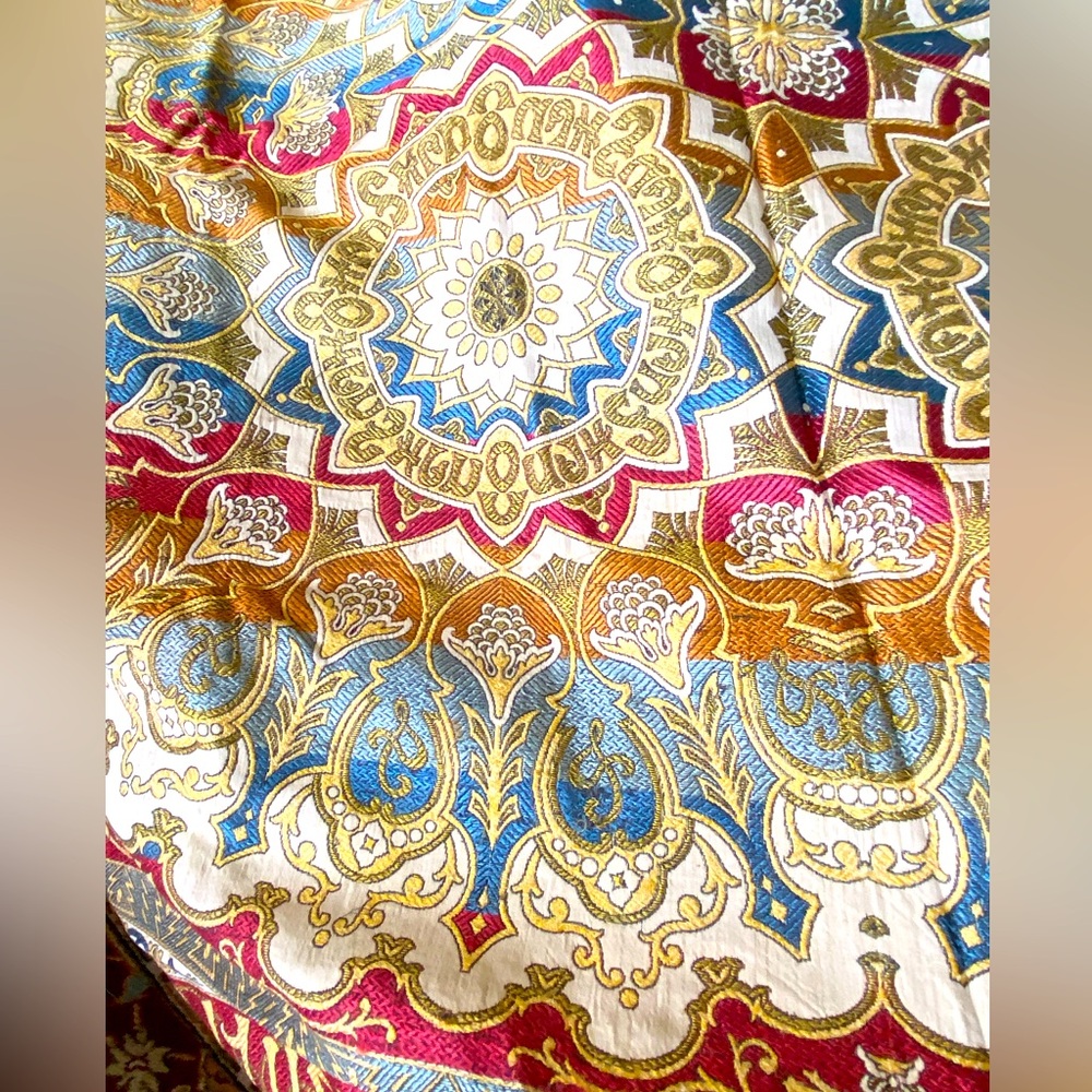 French style table cloth, piano scarf, couch throw.  Gold red blue.  Versailles
